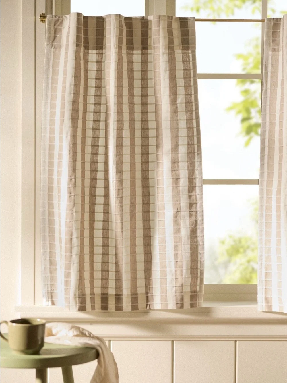 Anthropologie Cotton Woven Stripe Café Curtains, Set of 2, Taupe